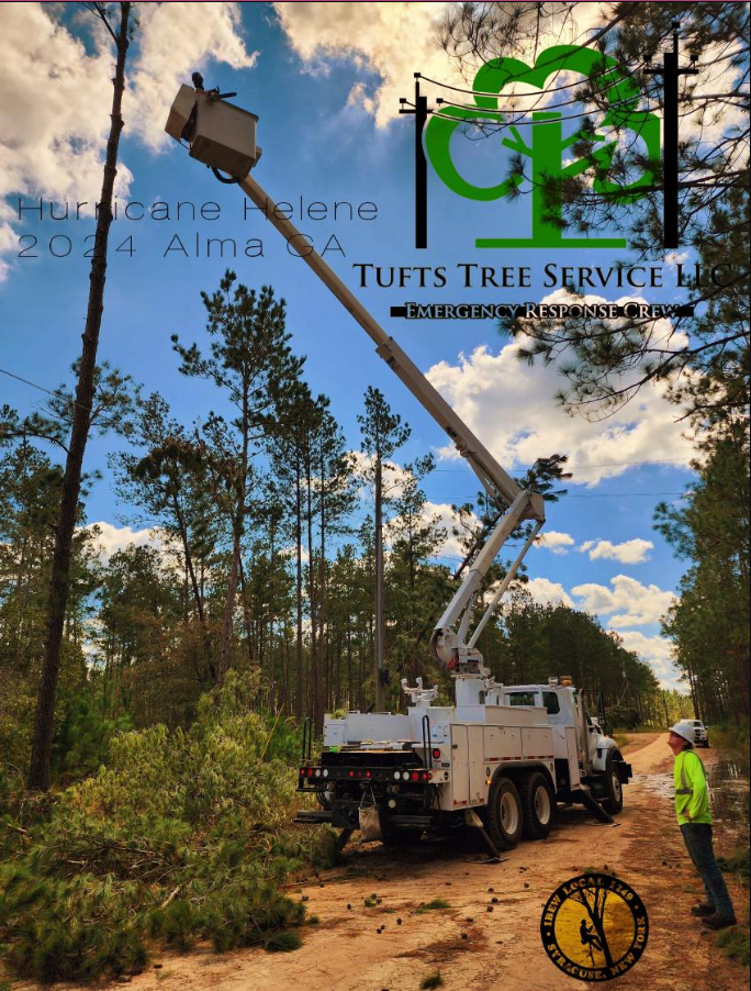 Crane being used for tree removal in the aftermath of Hurricane Helene.