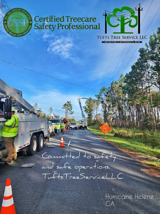 View of a scene and a truck of tree pruners working in the aftermath of a significant weather event - Hurricane Helene.